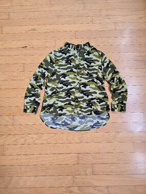 Vintage Y2K | Whimsy Camo Dragon Cyber Gunge Button-Up Long Sleeve Shirt | WMS M